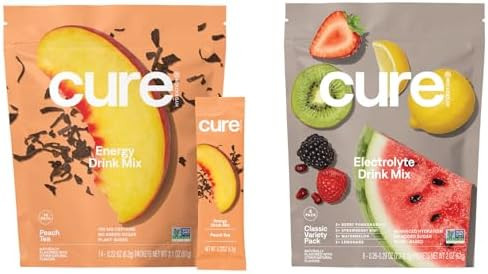 Cure Hydration Plantbased Electrolyte Drink Mix Energy & Dehydration Bundle No Sugar Coconut Water 100Mg Caffeine Nongmo Vegan 14Pack Peach Tea & 8Pack Variety