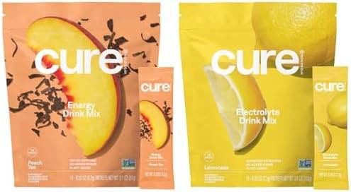 Cure Hydration Plantbased Electrolyte Drink Mix Energy & Dehydration Bundle No Sugar Coconut Water 100Mg Caffeine Nongmo Vegan 14Pack Each: Peach Tea & Lemonade