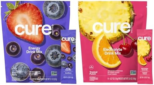 Cure Hydration Plantbased Electrolyte Drink Mix Energy & Dehydration Bundle No Sugar Coconut Water 100Mg Caffeine Nongmo Vegan 14Pack Each: Acai Berry & Tropical Punch