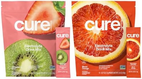 Cure Hydration Bundle Plantbased Electrolyte Drink Mix No Added Sugar Fsahsa Dehydration Relief Powder Made With Coconut Water Vegan 28 Packets Strawberry Kiwi & Blood Orange