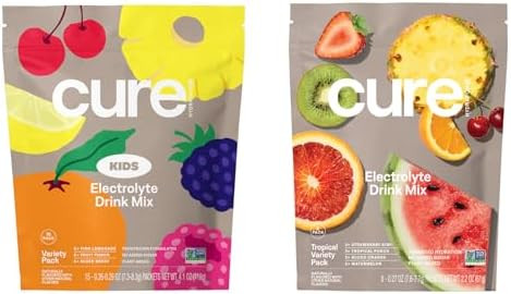 Cure Hydration Family Bundle Plantbased Electrolyte Drink Mix No Added Sugar Coconut Water Fsahsa Nongmo Vegan & Gluten 15 Pack Kids Variety & 8 Pack Tropical Variety