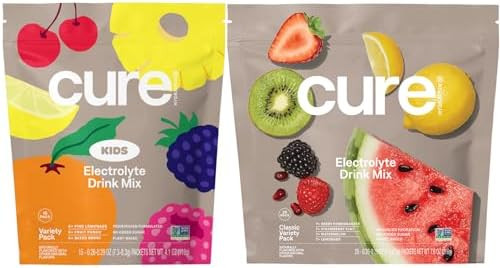 Cure Hydration Family Bundle Plantbased Electrolyte Drink Mix No Added Sugar Coconut Water Fsahsa Nongmo Vegan & Gluten 15 Pack Kids Variety & 28 Pack Classic Variety