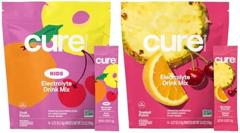 Cure Hydration Family Bundle Plantbased Electrolyte Drink Mix No Added Sugar Coconut Water Fsahsa Nongmo Vegan & Gluten 14Pack Each: Fruit Punch (Kids) & Tropical Punch