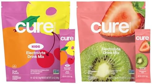 Cure Hydration Family Bundle Plantbased Electrolyte Drink Mix No Added Sugar Coconut Water Fsahsa Nongmo Vegan & Gluten 14Pack Each: Fruit Punch (Kids) & Strawberry Kiwi