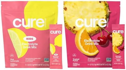 Cure Hydration Family Bundle Plantbased Electrolyte Drink Mix No Added Sugar Coconut Water Fsahsa Nongmo Vegan & Gluten 14Pack Each: Pink Lemonade (Kids) & Tropical Punch