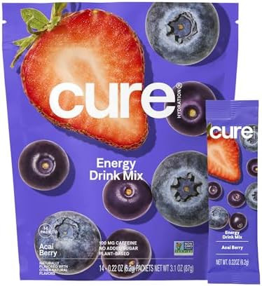 Cure Hydration Performance Plantbased Electrolyte Energy Drink Mix No Added Sugar Dehydration Relief Powder 100Mg Of Caffeine Nongmo Vegan Pouch Of 14 Packets Peach