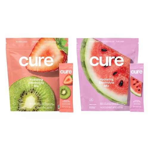 Cure Hydration Electrolyte Mix Electrolyte Powder For Dehydration Relief And Energy Made With Coconut Water No Added Sugar Vegan Paleo Friendly Watermelon + Strawberry Kiwi 28 Packets