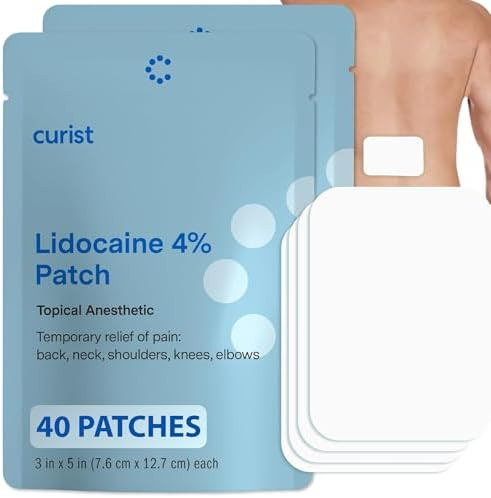 Curist Super Stick Lidocaine Patches Topical Pain Relief Long Lasting Adhesive For Back Relief Neck Relief Sore Muscle Relief (40 Patches 2 Pack 3X5 Lidocaine 4% Patches)