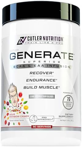Cutler Nutrition Generate Eaa And Bcaa Powder: Best Branched Chain Amino Acids Supplement With Essential Amino Acids 5G Bcaas 2G Eaas For Lean Muscle Mass Sour Rainbow Candy 30 Servings