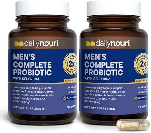 Dailynouri Mens Complete Probiotic Supports Digestion Immunity Colon Health Cardiovascular Function Cholesterol 5 Clinically Studied Strains + Selenium & Vegan Omega