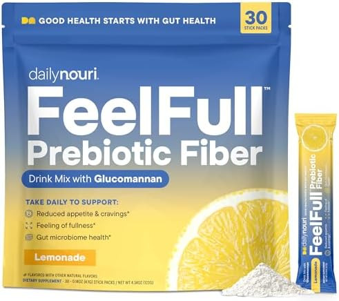 Dailynouri Feelfull Prebiotic Fiber Drink Mix Supports Natural Fullness Appetite & Cravings Control Gut & Metabolic Health Oligofructose Glucomannan & Chromium 30 Stick Packs