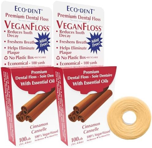 Ecodent Veganfloss Dental Floss Waxed Cinnamon Floss With Vegan Plantbased Wax Recyclable Cardboard Packaging 100 Yds (Pack Of 6)