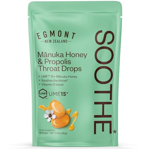 Egmont Honey Manuka Honey & Propolis Throat Drops 15 Count Umf 15+ Zealand Honey With Vitamin C Natural Soothing Relief Onthego