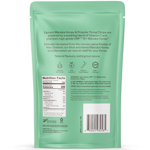 Egmont Honey Manuka Honey & Propolis Throat Drops 15 Count Umf 15+ Zealand Honey With Vitamin C Natural Soothing Relief Onthego