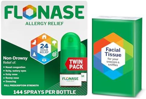 Flonase Allergy Relief Nasal Spray 24Hour Nondrowsy Multisymptom Relief 144 Sprays (Pack Of 2) Plus Bonus Pack Of Tissues