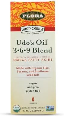 Flora Udo'S Choice Omega 369 Oil Blend Made With Organic Flax Sesame & Sunflower Seed Oils Plantbased Vegan Omega Fatty Acids Based On Ideal 2:1:1 Ratio 17Fl Oz. Glass Bottle