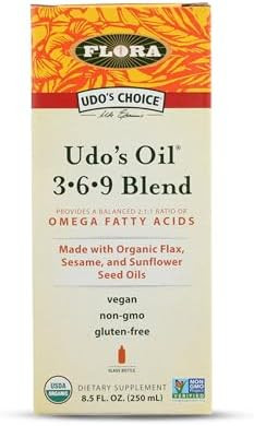 Flora Udo'S Choice Omega 369 Oil Blend Made With Organic Flax Sesame & Sunflower Seed Oils Plantbased Vegan Omega Fatty Acids Based On Ideal 2:1:1 Ratio 8.5Fl. Oz. Glass Bottle
