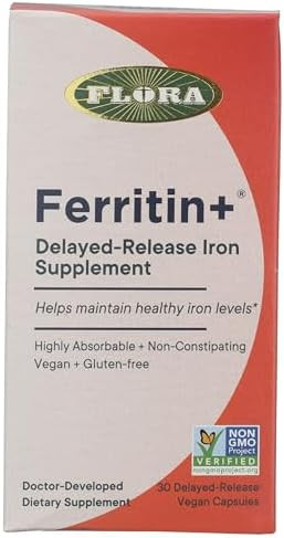 Flora Ferritin+ Delayedrelease Iron Supplement Plantbased Iron Supplement Blood Cell & Energy Support Vegan & Gluten Amber Glass Bottle 60 Vegan Capsules