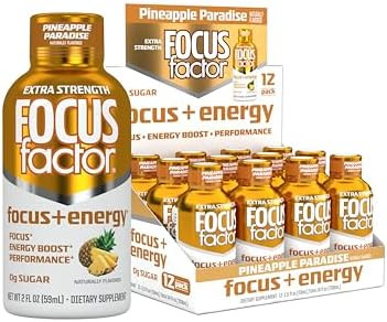 Focus Factor Extra Strength Focus + Energy Shots 12 X 2Oz Bottles (Pineapple Paradise Flavor) Powered By Nootropics With Caffeine Ltheanine Ginkgo Bacopa Ltyrosine Alpha Gpc