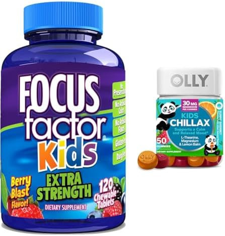 Focus Factor Kids Extra Strength Daily Chewable Brain Health Support + Olly Kids Chillax Calm Chews 50 Count