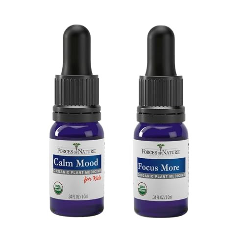 Forces Of Nature Calm Mood (0.34 Fl Oz) & Focus More Kids (0.34 Fl Oz) Bundle “ Organic Sublingual Tinctures With Plantbased Ingredients To Relieve Stress Boost Mood Sharpen Focus & Support Clarity