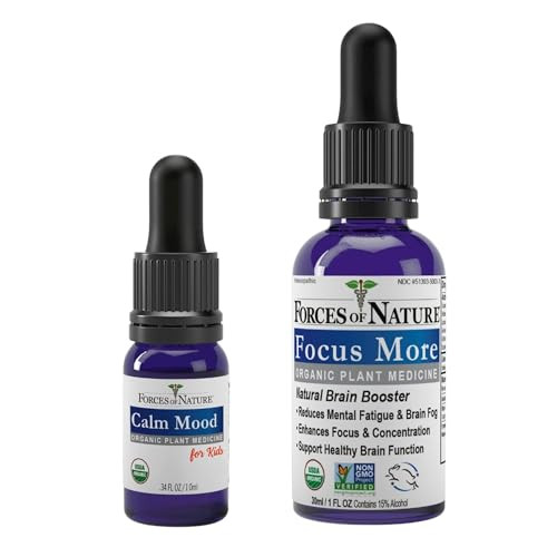 Forces Of Nature Calm Mood (0.34 Fl Oz) & Focus More Kids (1 Fl Oz) Bundle “ Organic Sublingual Tinctures With Plantbased Ingredients To Relieve Stress Boost Mood Sharpen Focus & Support Clarity