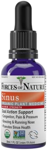 Forces Of Nature Sinus Relief Nasal Decongestant Organic Maximum Strength Homeopathic Medicine Immune Support & Relief From Congestion Sinus Pressure Sneezing Runny Nose Nondrowsy 1 Fl Oz