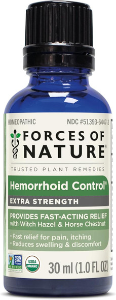 Forces of Nature Hemorrhoid Control Extra Strength Organic Homeopathic Medicine with Witch Hazel Horse Chestnut and Soothing Essential Oils for Itching Swelling & Discomfort 1.0 FL OZ