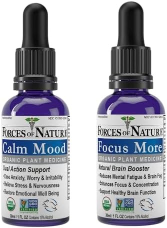 Forces Of Nature Calm Mood (1 Fl Oz) & Focus More (1 Fl Oz) Bundle “ Organic Sublingual Tinctures With Plantbased Ingredients To Relieve Stress Boost Mood Sharpen Focus & Support Clarity