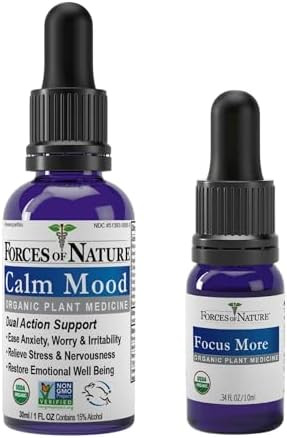 Forces Of Nature Calm Mood (1 Fl Oz) & Focus More (0.34 Fl Oz) Bundle “ Organic Sublingual Tinctures With Plantbased Ingredients To Relieve Stress Boost Mood Sharpen Focus & Support Clarity