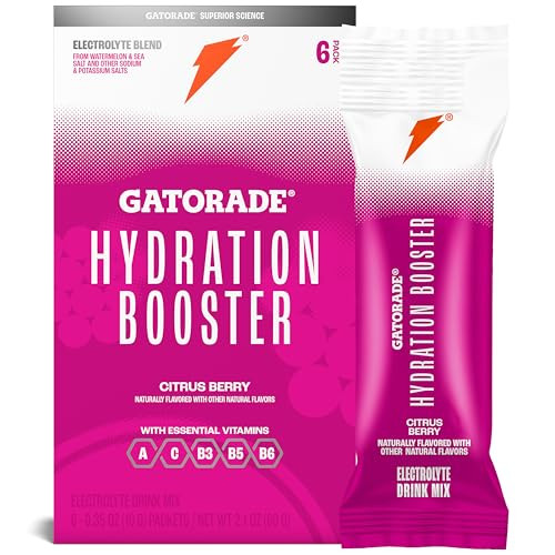 Gatorade Hydration Booster Electrolyte Drink Mix Powder Packets Citrus Berry Advanced Electrolyte Blend No Added Colors No Artificial Sweeteners Essential Vitamins A C B3 B5 B6 Makes 20 Fl Oz (6 Pack)