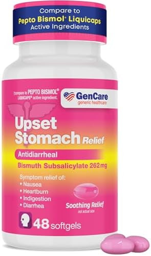 Gencare Upset Stomach Relief “ 48 Softgels “ Bismuth Subsalicylate 262 Mg Antidiarrheal Medication “ Acid Reflux Medicine For Nausea Heartburn & Indigestion Relief “ Uniqus For Pepte Bismol Tablets
