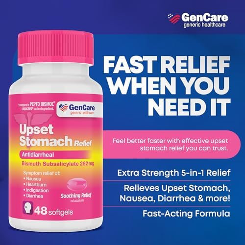 Gencare Upset Stomach Relief “ 48 Softgels “ Bismuth Subsalicylate 262 Mg Antidiarrheal Medication “ Acid Reflux Medicine For Nausea Heartburn & Indigestion Relief “ Uniqus For Pepte Bismol Tablets