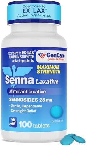 Gencare Maximum Strength Senna Laxative 25Mg (100 Tablets) Gentle Constipation Relief Sennosides Usp Stimulant Laxatives Digestion Pills Natural Overnight Relief While You Sleep Uniqus Ex Lax