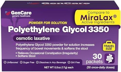Gencare Polylethylene Glycol 3350 Powder For Solution “ 30 Travel Packets “ Unflavored Grit Clear Peg 3350 For Occasional Constipation Relief For Women & Men “ Uniqus Miralax Laxative Powder