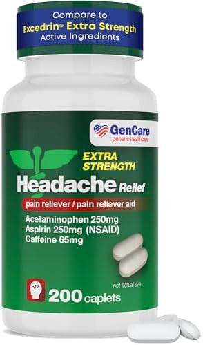 Gencare Headache Relief Acetaminophen With Aspirin (Nsaid) & Caffeine (200 Caplets) Value Pack Head Pain Muscle Aches Back Pain & Body Uniqus Excedren Extra Strength