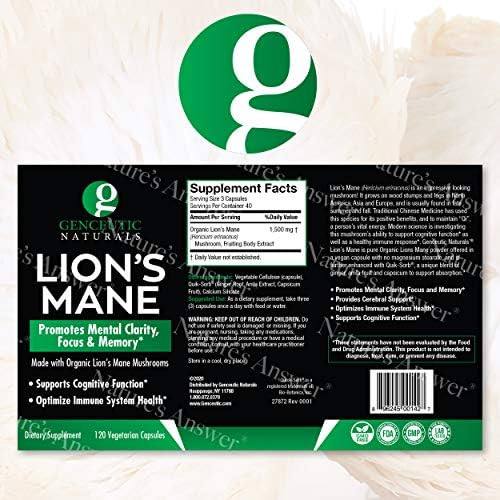 Genceutic Naturals Genceutic Lion'S Mane 120 Count Organic Capsules Lions Mane Mushroom Promotes Mental Clarity And Focus