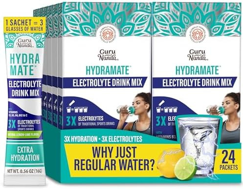 Gurunanda Hydramate Hydration Support Drink Mix Electrolyte Powder Packets For Dehydration Exercise & Energy No Added Sweeteners Nongmo Natural Lemon Lime Flavor 48 Count (0.56 Oz Each)