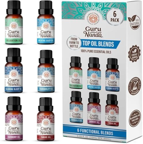 Gurunanda Essential Oil Blends (Set Of 6) Natural Essential Oil Set Aromatherapy Oil Blends For Diffusers Breathe Easy Tranquility Harmony Calming Sleep Relaxation & Thrive