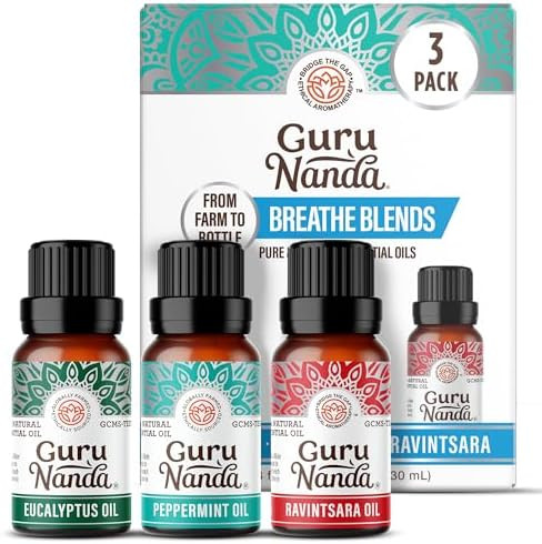 Gurunanda Breathe Essential Oil Set (Pack Of 3 X 0.34 Fl Oz) 100% Pure Natural & Undiluted Diffuser Oils For Aromatherapy Helps Support Clear Breathing Suitable For Massages & Diy Recipes