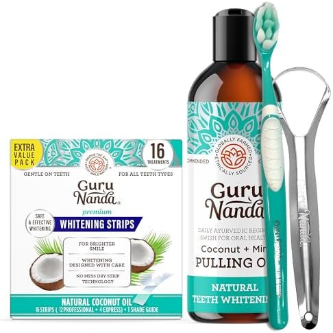 Gurunanda Coconut & Peppermint Oil Pulling With Tongue Scraper & Teeth Whitening Strips 16 Day Treatments Enamelsafe Strips For Sensitive Teeth Dry Strip Technology
