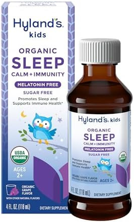 Hyland'S Kids Melatonin Organic Sleep Calm & Immunity Liquid Sugar With Magnesium Vitamin D Zinc & Elderberry Promotes Sleep & Supports Immune Health Ages 2+ Grape Flavor 4 Fl. Oz.
