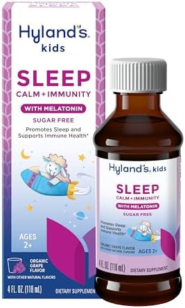 Hyland'S Kids Melatonin Organic Sleep Calm & Immunity Liquid Sugar With Magnesium Vitamin D Zinc & Elderberry Promotes Sleep & Supports Immune Health Ages 2+ Grape Flavor 4 Fl. Oz.