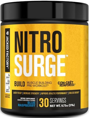 Jacked Factory Nitrosurge Build Pre Workout With Creatine For Muscle Building Con Cret Creatine Powder & Elevatp For Intense Energy Powerful Pump & Endless Endurance 30 Servings Blue Raspberry