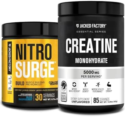 Jacked Factory Nitrosurge Build Pre Workout With Creatine For Muscle Building (30 Servings Blue Raspberry) & Creatine Monohydrate Powder For Muscle Growthincreased Strength (85 Servings Unflavored)