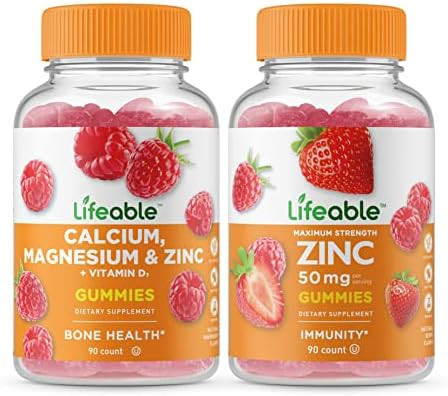 Lifeable Calcium Magnesium Zinc & Vitamin D + Zinc 50Mg Gummies Bundle Great Tasting Vitamin Supplement Gluten Gmo Chewable