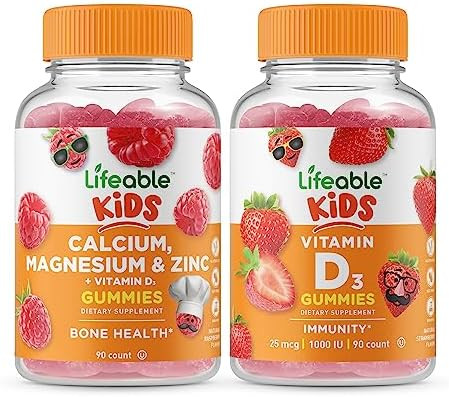 Lifeable Calcium Magnesium & Zinc Kids + Vitamin D Kids Gummies Bundle Great Tasting Vitamin Supplement Gluten Gmo Chewable Gummy