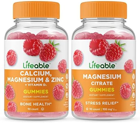 Lifeable Calcium Magnesium Zinc & Vitamin D + Magnesium Gummies Bundle Great Tasting Vitamin Supplement Gluten Gmo Chewable Gummy
