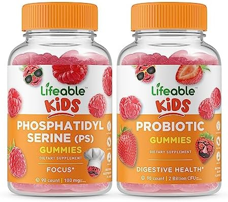 Lifeable Phosphatidylserine (Ps) Kids + Probiotic 2 Billion Cfu Kids Gummies Bundle Great Tasting Vitamin Supplement Gluten Gmo Chewable Gummy