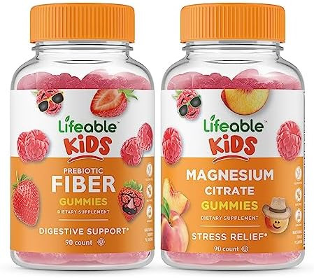 Lifeable Prebiotic Fiber Kids + Magnesium Citrate Kids Gummies Bundle Great Tasting Vitamin Supplement Gluten Gmo Chewable Gummy